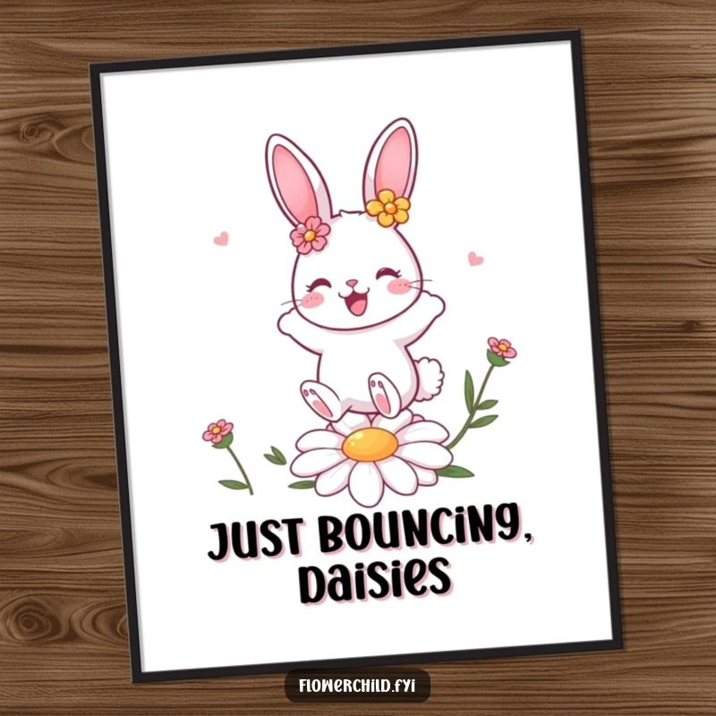 Funny bunny character with flower decorations bouncing gleefully on a daisy, a vibrant art print for wall decor.