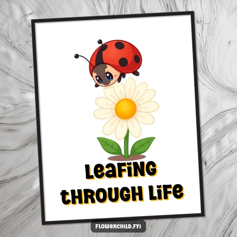 Funny ladybug poster displaying a curious ladybug studying a blooming daisy, creating a serene and humorous nature-themed wall art.