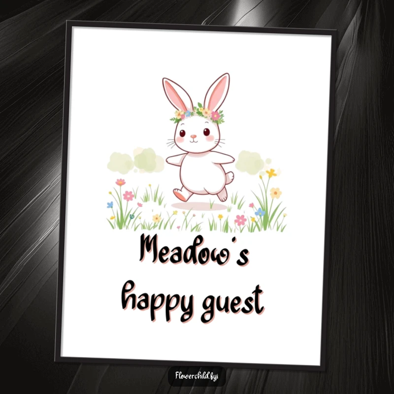 Funny bunny meadow poster print of a cute bunny with a flower crown skipping through a field.