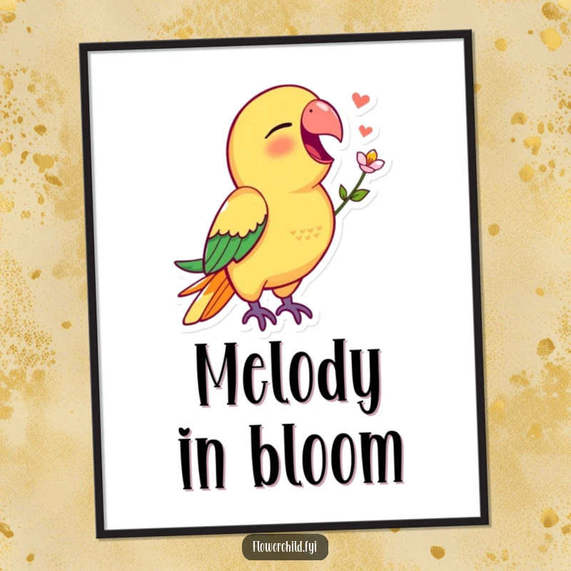 Funny parrot poster of a vibrant parrot singing joyfully with a small flower in its beak, creating cheer.