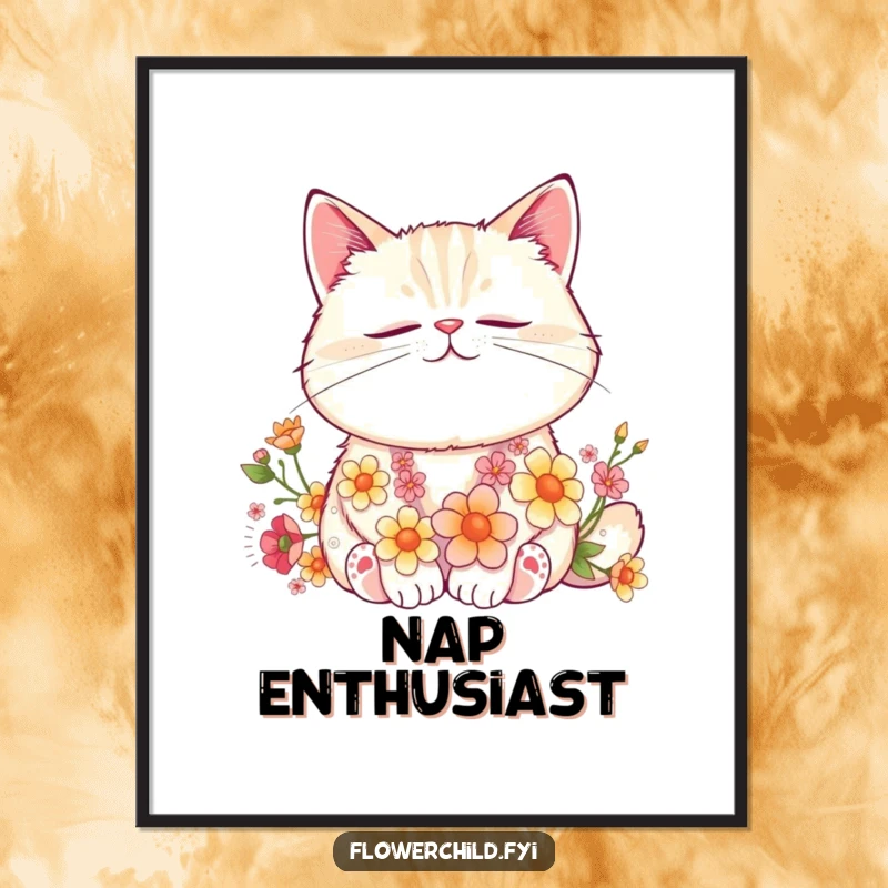 Funny Cat Flower Nap Poster: A serene illustration of a contented cat peacefully napping, its fur decorated with delicate flowers.