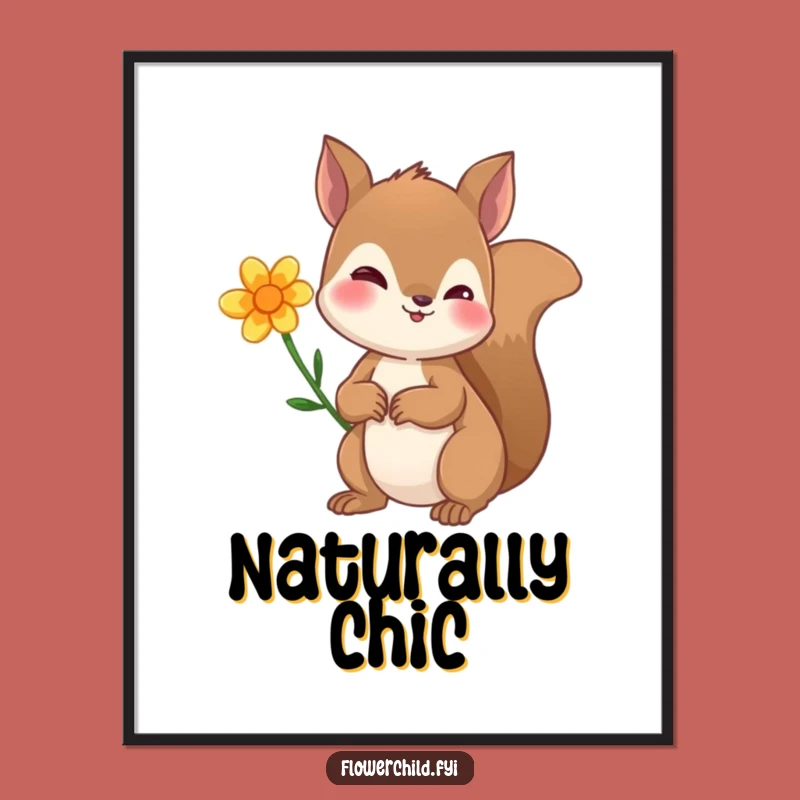 Funny Curious Squirrel Flower Ear Poster - Adorable Woodland Art Print Gift
