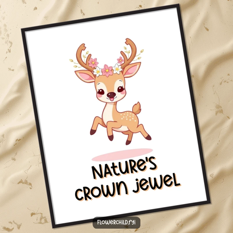 Funny deer flower poster print of a deer with floral antlers prancing cheerfully, capturing a moment of pure, humorous delight.