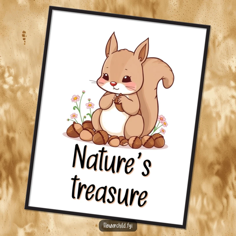 Funny poster print of a content squirrel hoarding acorns surrounded by tiny flowers, adding woodland charm.