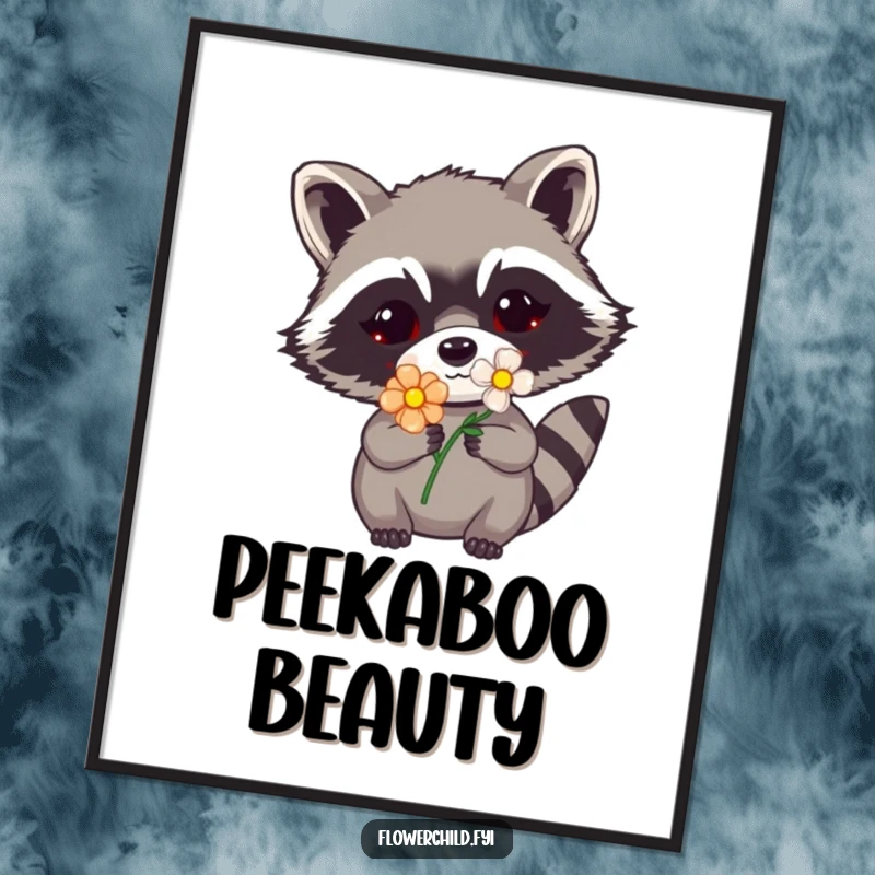 Funny raccoon flower poster print of a raccoon peeking with a flower on its mask, capturing a moment of pure, humorous stealth.