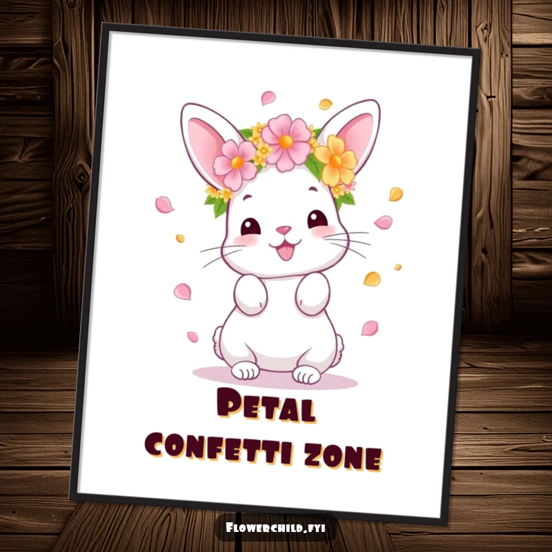 Funny Bunny Poster, a delightful bunny with a flower crown joyfully tossing petals, creating a whimsical and happy scene, ideal funny gift.