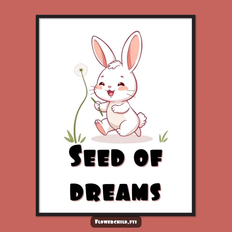 Funny Bunny Poster: Playful Dandelion Seed Chase, Whimsical Funny Gift Art