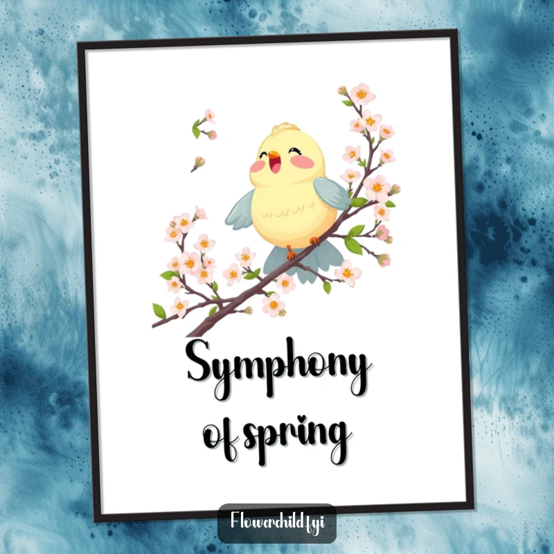 Funny poster of a joyful bird singing amidst blossoming branches, capturing the essence of spring and cheerful melodies.