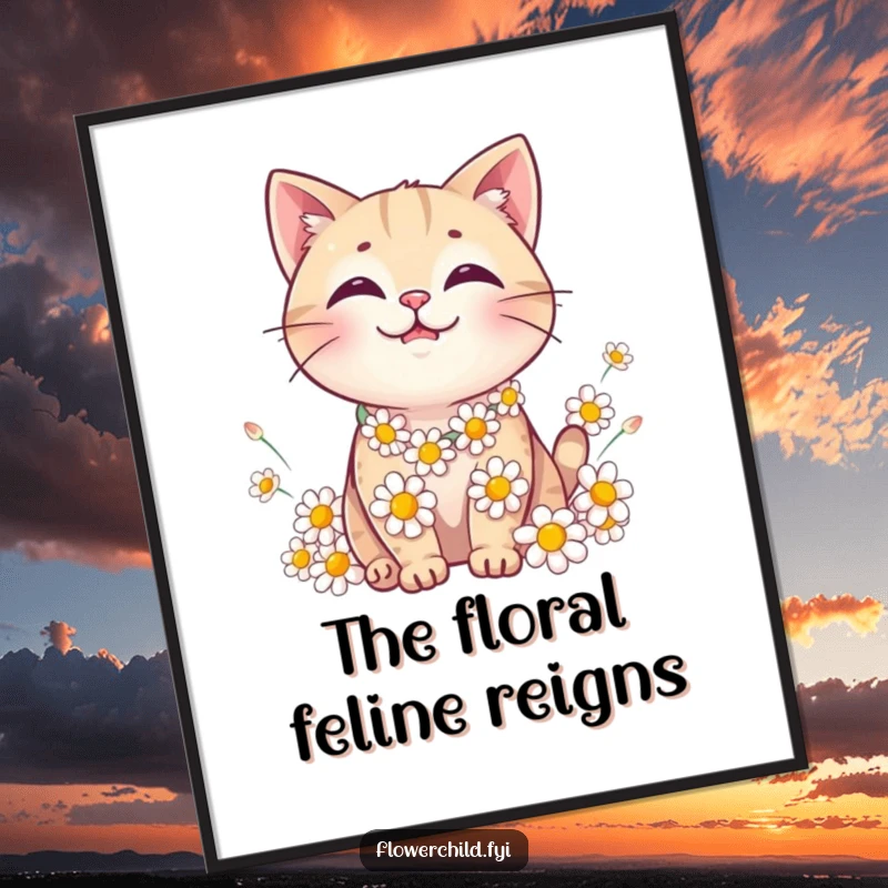 Funny Cat Daisy Chain Poster: Wall art of a smiling cat wearing a daisy chain, surrounded by petals.