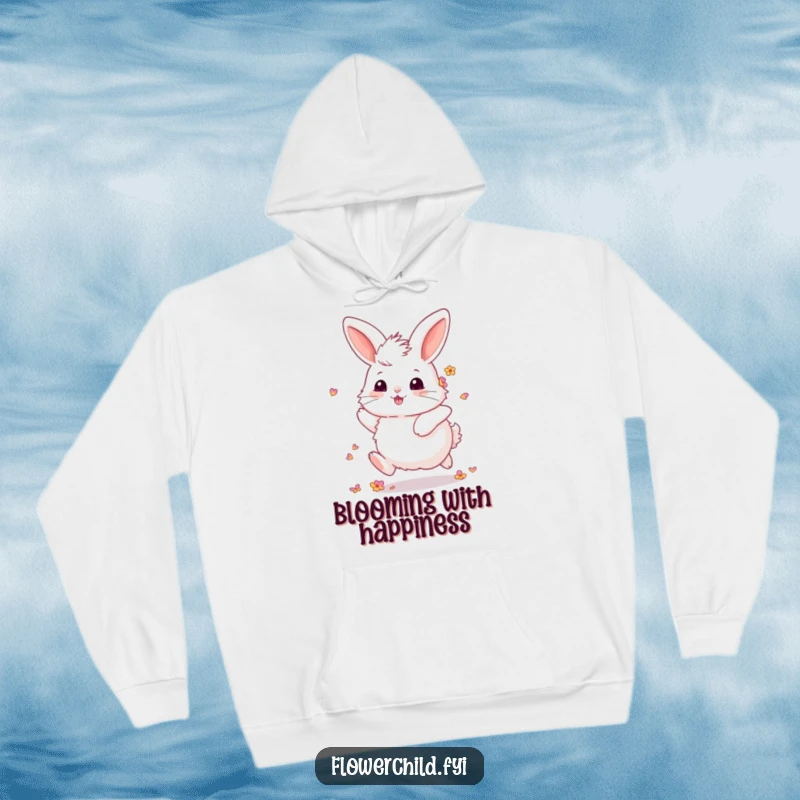 Funny Fluffy Bunny Hoodie: A cozy hoodie featuring a funny illustration of a fluffy bunny, petals in fur, skipping with pure joy.