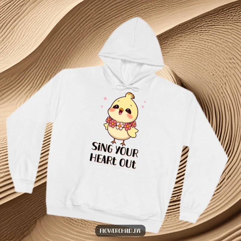 Funny hoodie with a happy, singing bird wearing a flower garland, offering warmth and cheerful style.