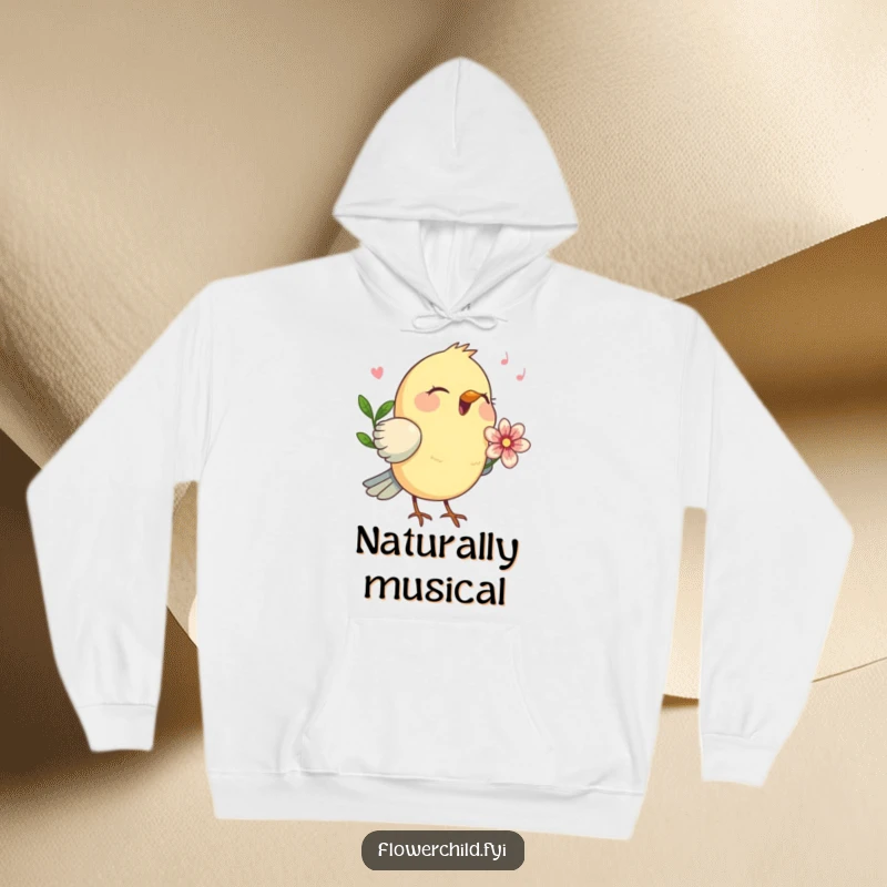 Funny birdsong hoodie, a happy bird with a flower behind its ear singing a joyful tune.