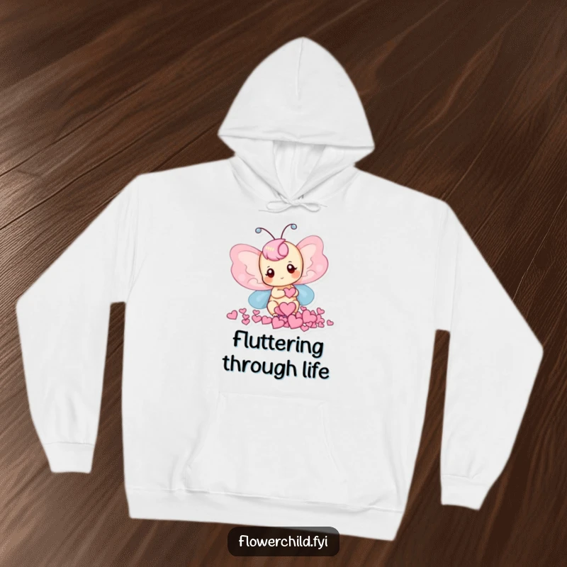 Funny hoodie featuring a delightful butterfly collecting heart-shaped petals, offering comfort and charm.