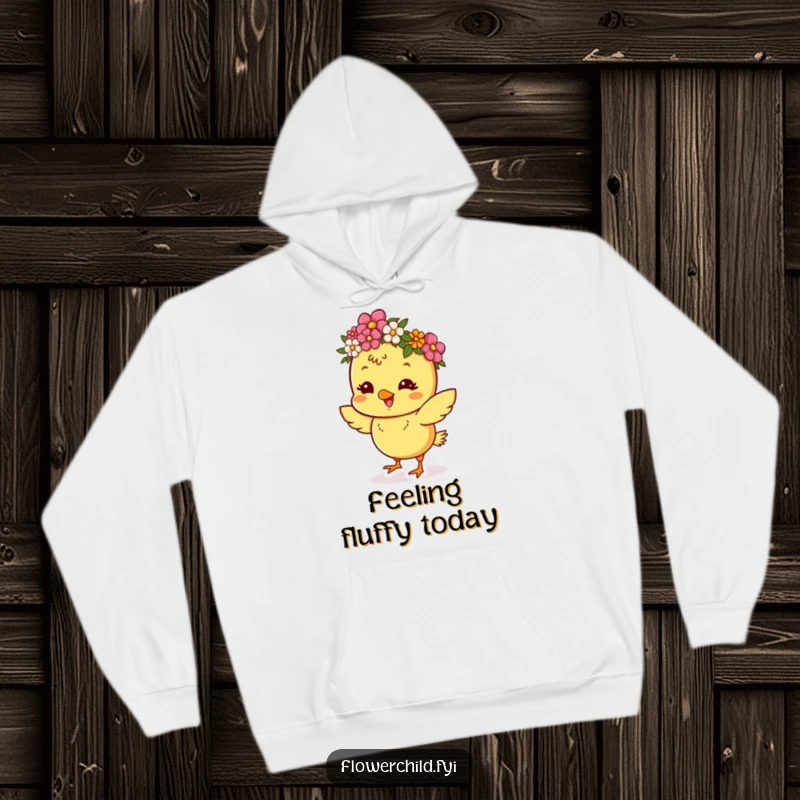 Funny hoodie featuring a happy, dancing chick adorned with a flower crown, radiating festive energy.