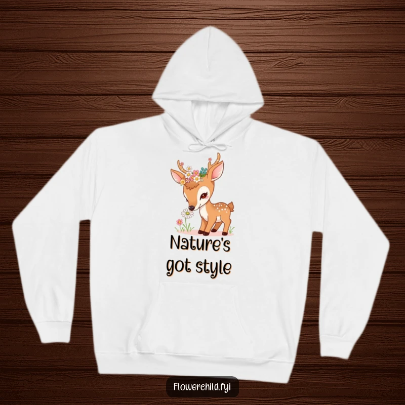 Funny curious deer hoodie, adorned with flowers in antlers, sniffing a daisy, cozy and warm, perfect funny gift.