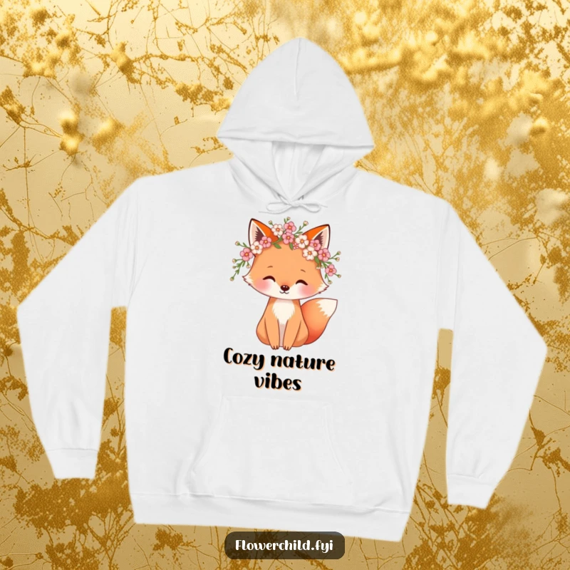 Funny hoodie showcasing a whimsical fox adorned with a delicate blossom wreath, offering warmth and style. Great funny gift.