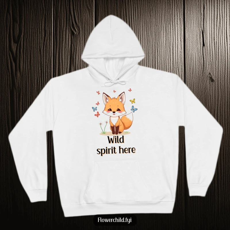 Funny fox butterfly hoodie, a playful fox with dandelions in its fur chasing butterflies.