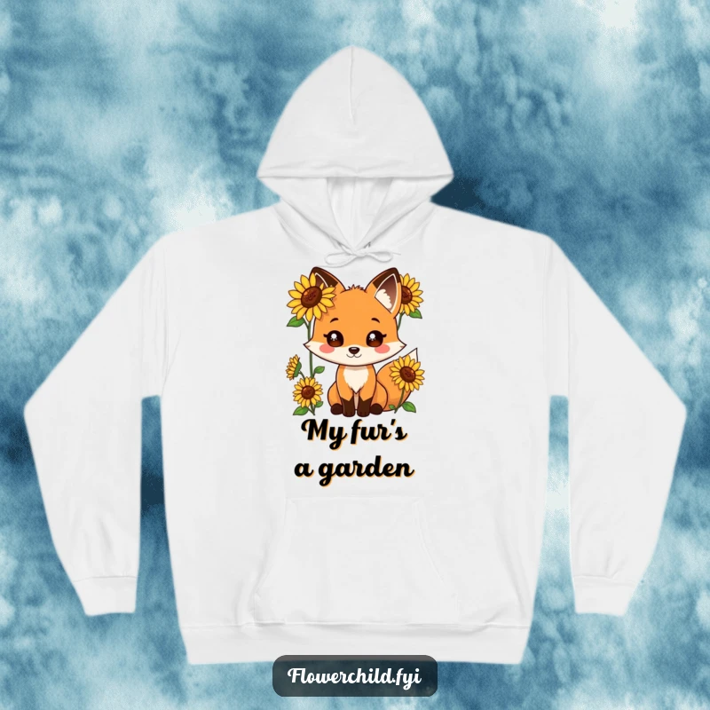 Funny hoodie featuring a playful fox with cheerful sunflowers growing from its furry coat.