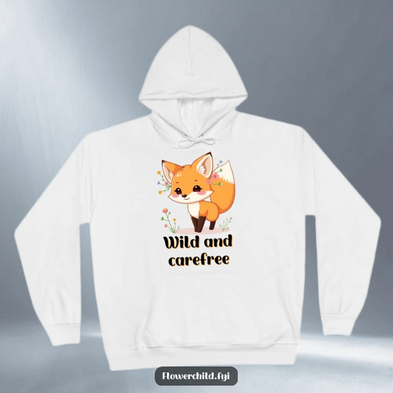 Funny fox hoodie, adorned with wildflowers behind its ear, dancing playfully, cozy and warm, perfect funny gift.
