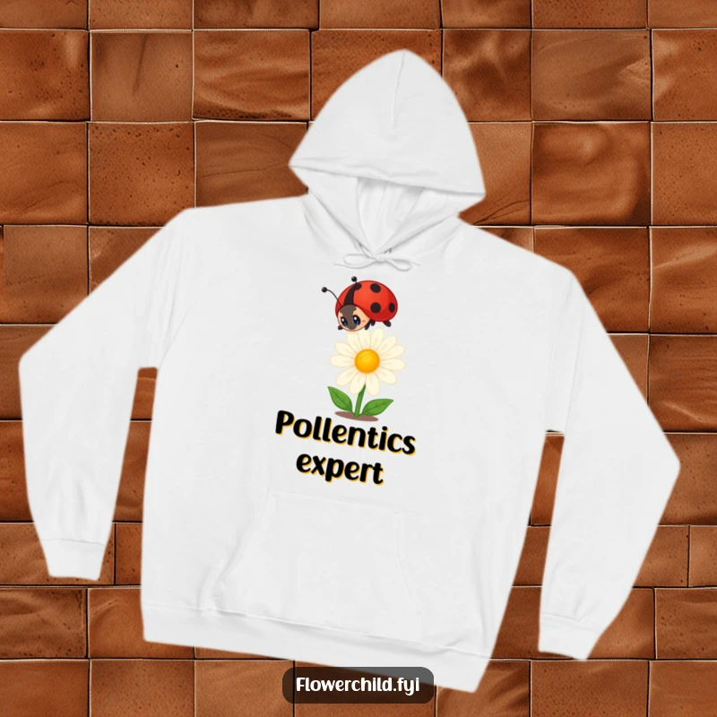 Funny ladybug hoodie depicting a curious ladybug observing a blooming daisy, offering warmth and a humorous touch of nature's beauty.