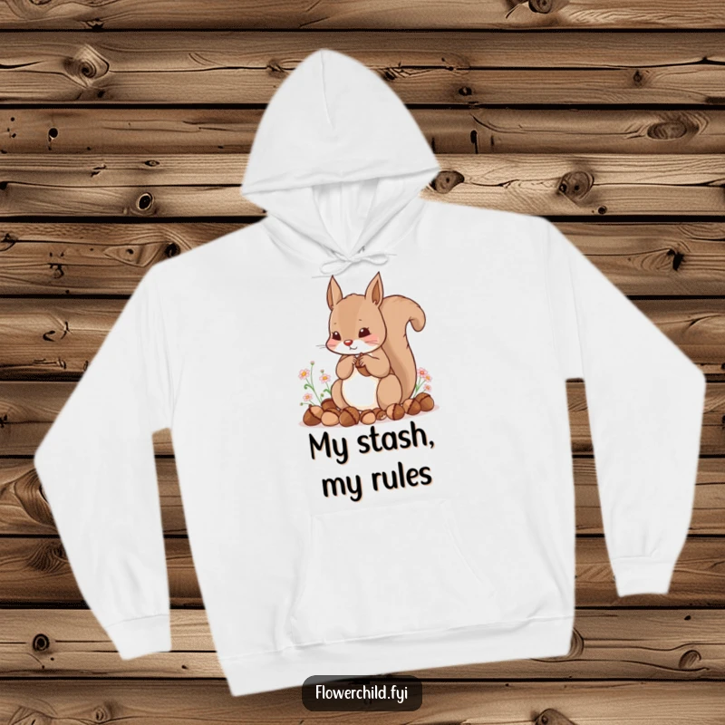 Funny, warm hoodie featuring a content squirrel hoarding acorns amidst tiny flowers, ideal for comfort.
