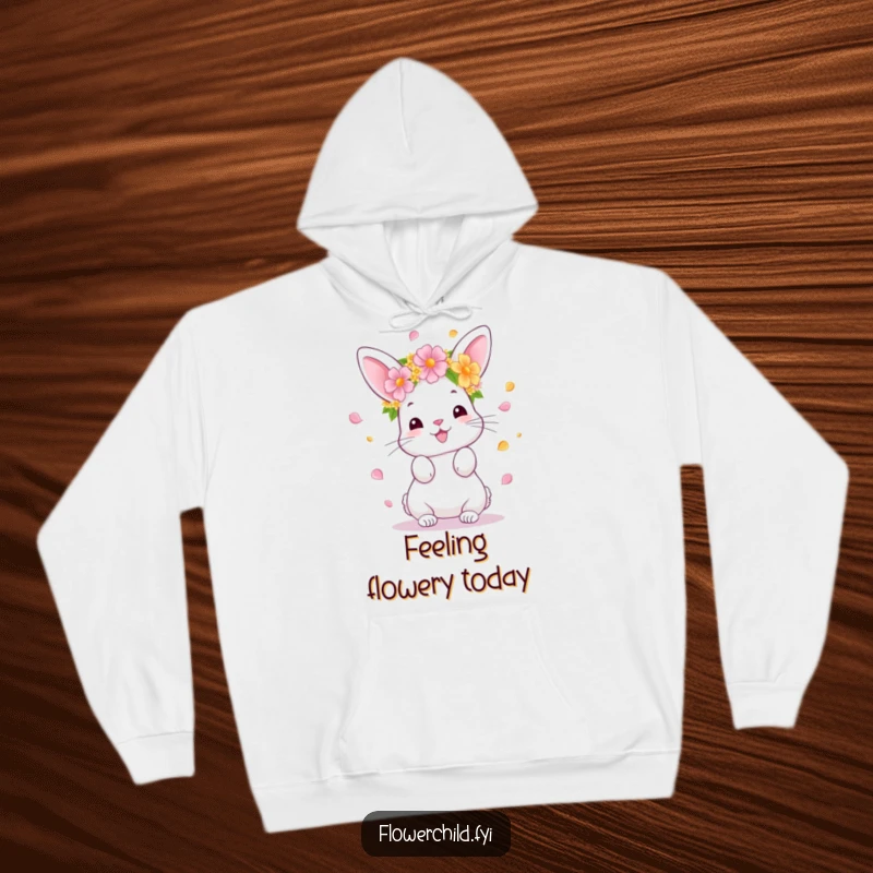 Funny Bunny Hoodie, showing a happy bunny with a flower crown throwing petals, perfect for cozying up and spreading joy, a great funny gift.