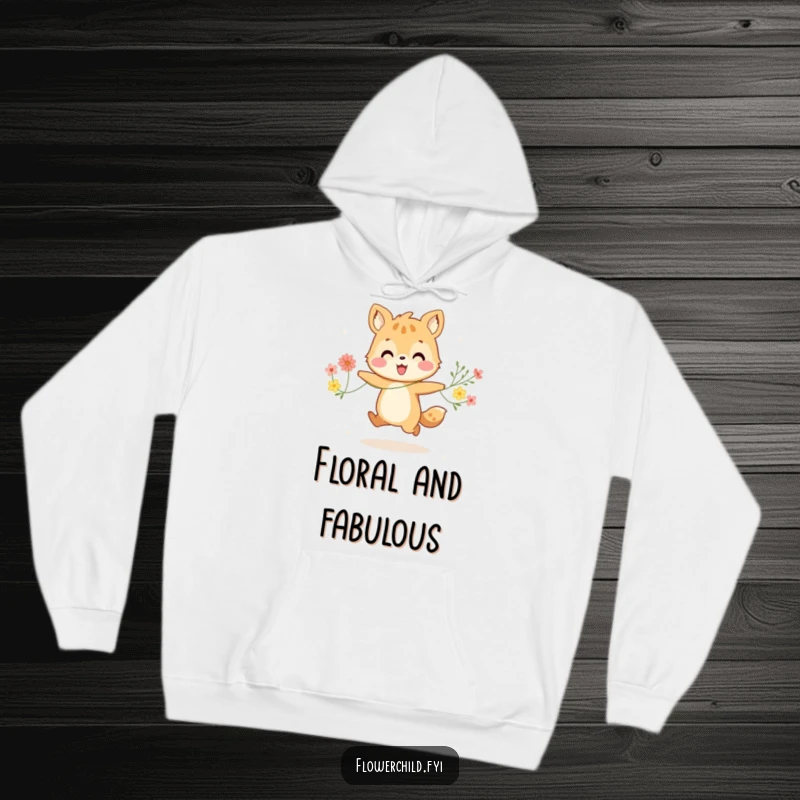 Funny hoodie art: a happy animal character cheerfully skipping with a beautiful string of flowers, radiating pure joy and happiness.