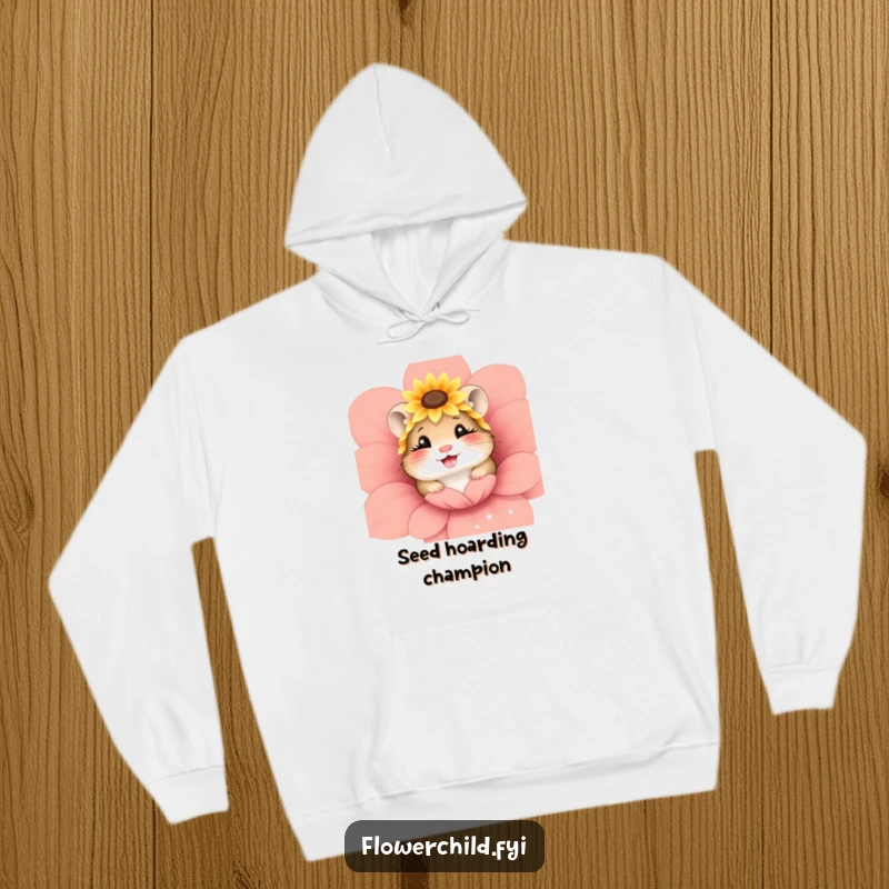 Funny hooded sweatshirt featuring a giggling hamster in a sunflower headpiece, peeking from a flower, soft and warm.