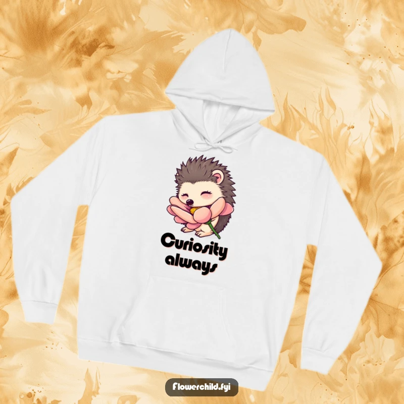 Funny hedgehog hoodie, a curious hedgehog character smelling a large vibrant flower, cozy and nature-inspired apparel for gentle souls.