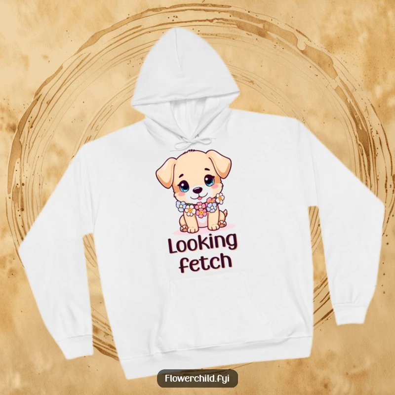 Funny puppy hoodie, a mischievous puppy character wearing a flower garland as a scarf, soft and cozy apparel for pet lovers.