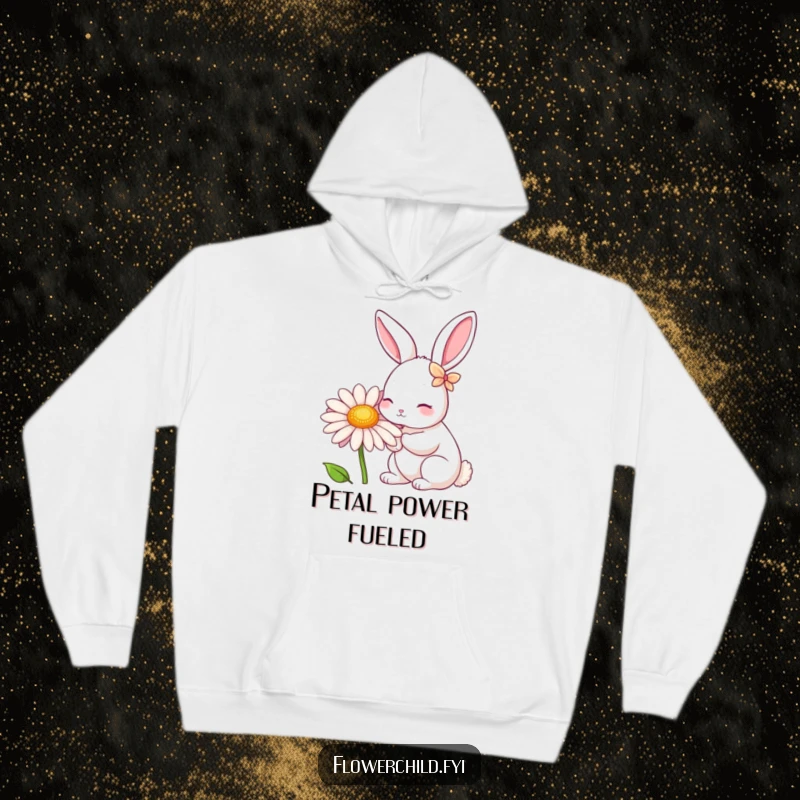 Funny Rabbit Daisy Nibbler Hoodie: A cuddly rabbit with petal-adorned ears contentedly nibbles a giant daisy, showcasing garden charm.