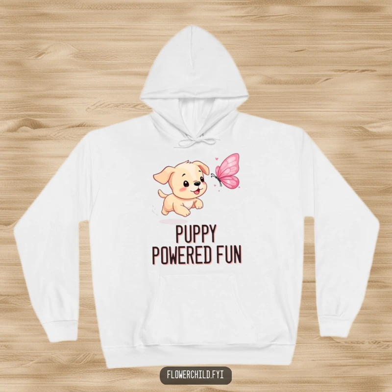 Funny Puppy Petal Butterfly Hoodie: A playful puppy joyfully chases a fluttering butterfly made of petals, offering warmth and fun.