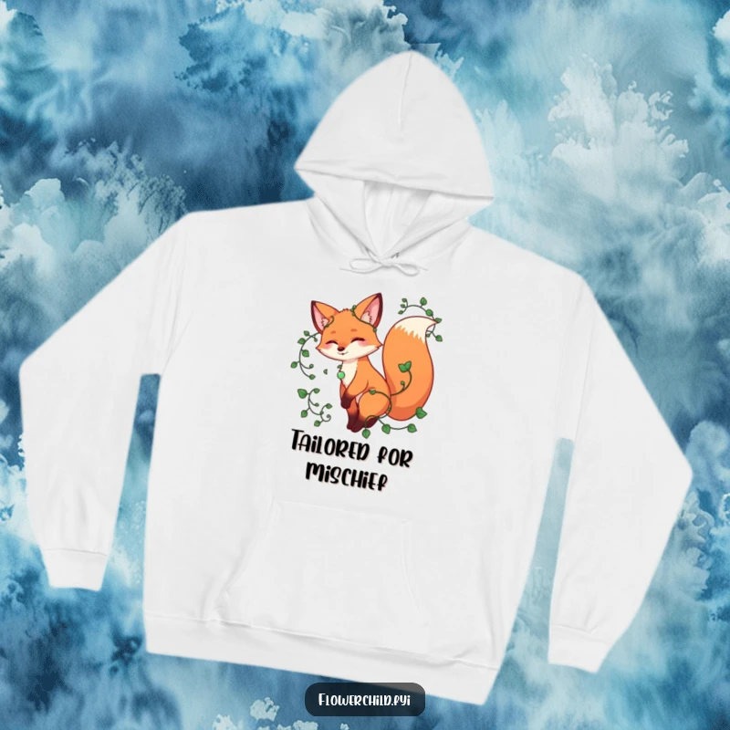 Funny fox hoodie, a playful fox twirling with vines entwined around its tail, offering cozy comfort and woodland charm.