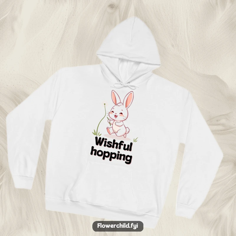 Funny bunny hoodie featuring a playful bunny chasing a dandelion seed, offering warmth and a touch of whimsical, carefree fun.