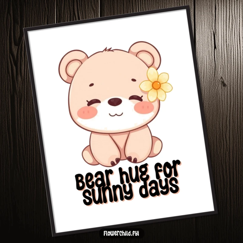 Funny Free Printable Wall Art: A calm, smiling bear cub with a pretty flower tucked behind its ear, radiating warmth.