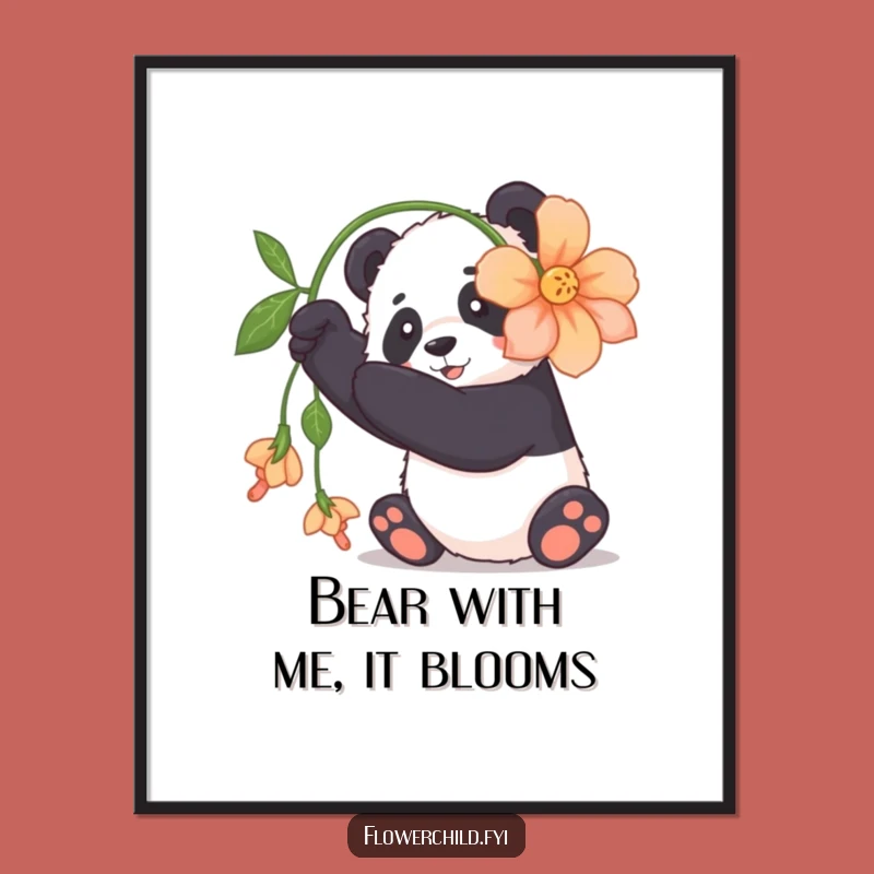 Free Printable Wall Art: Funny Panda Flower Play Design, Cute Downloadable Decor