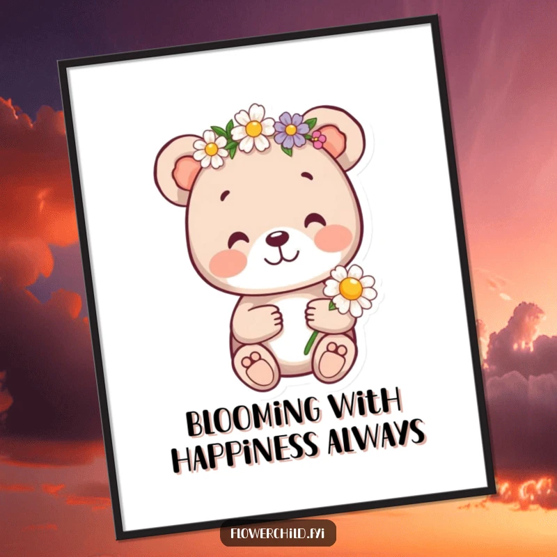 Funny Free Printable Wall Art: A cheerful bear cub wearing a flower crown and holding a daisy, bringing sweet vibes.