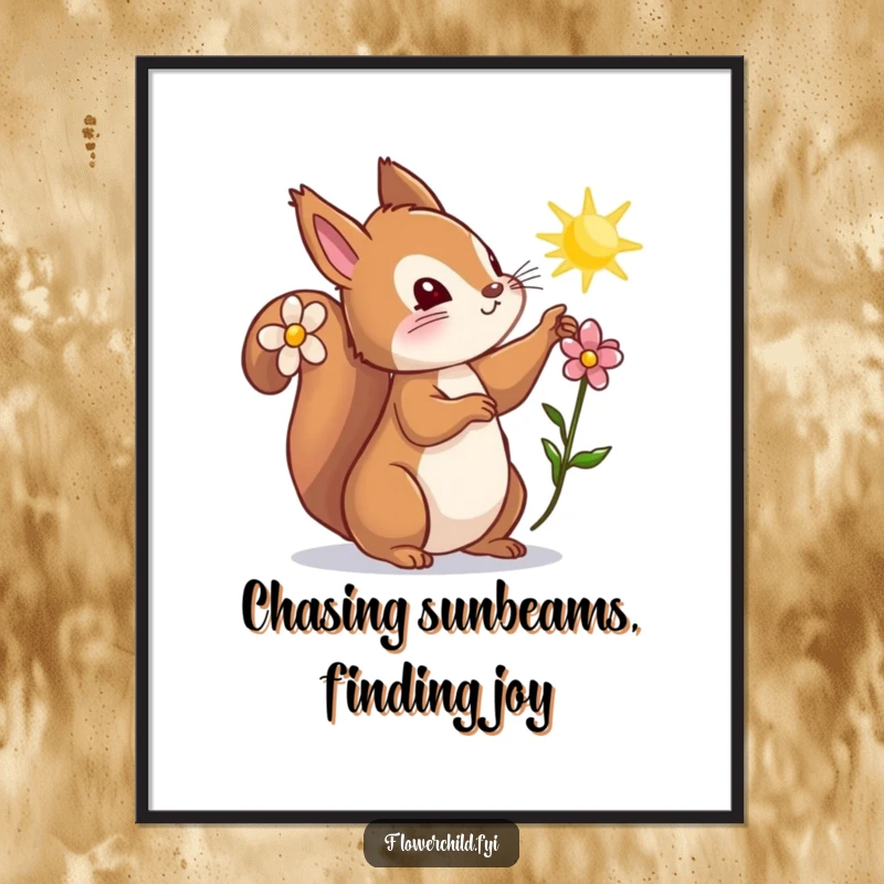 Funny Free Printable Wall Art: A curious squirrel with a flower behind its ear, reaching for a sunbeam, adding warmth and whimsy.