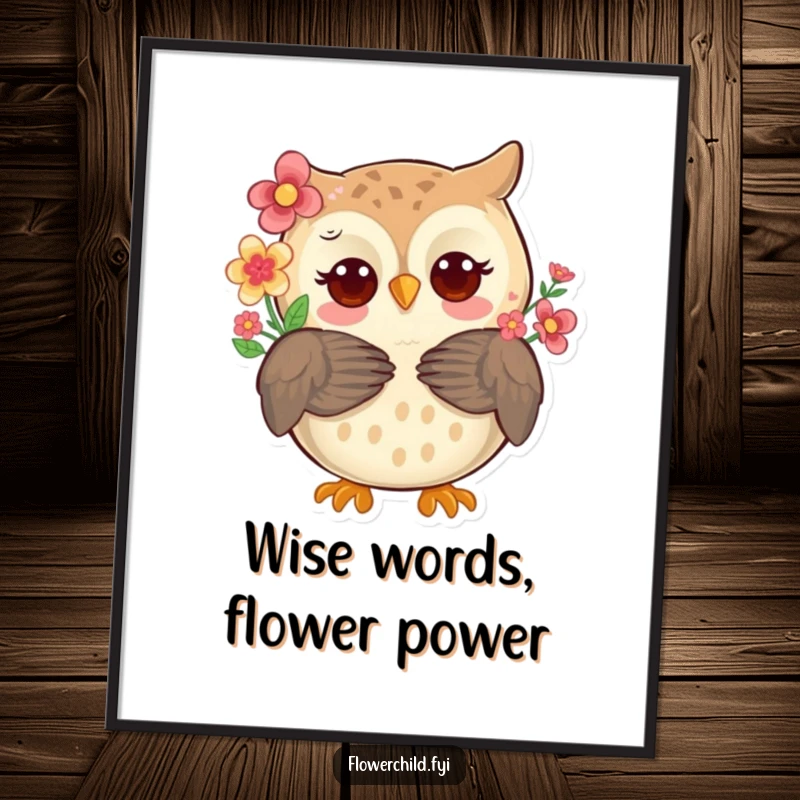 Funny Free Printable Wall Art: A whimsical owl adorned with flowers in its feathers, extending a warm, loving hug.