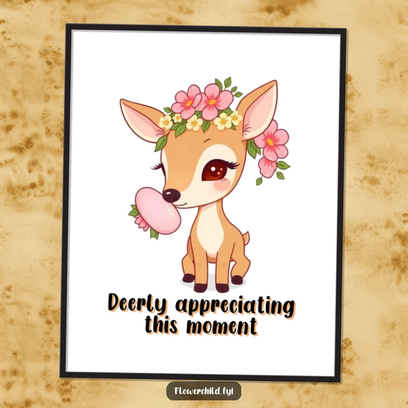 Funny Free Printable wall art featuring a curious deer with a flower garland sniffing a large bloom, adding whimsical charm.