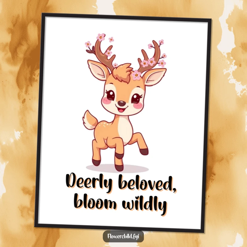 Funny Free Printable Wall Art: A smiling deer character with delicate blossoms adorning its antlers, prancing playfully.