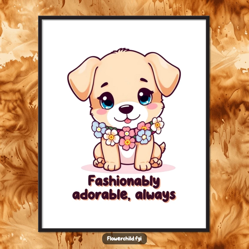 Funny Free Printable Wall Art of a mischievous puppy character looking stylish in a vibrant flower garland worn as a scarf.