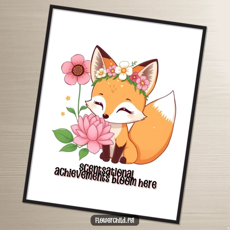 Funny Free Printable Wall Art: A curious fox wearing a flower crown sniffs a giant bloom, bringing woodland charm indoors.