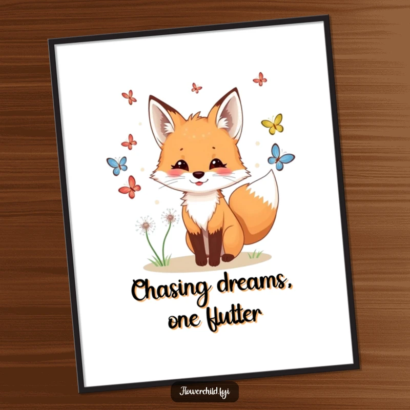 Funny Free Printable Wall Art: A playful fox with dandelions in its fur energetically chases butterflies.