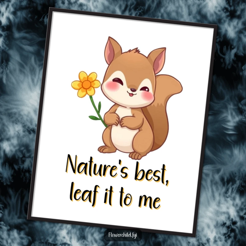 Funny Free Printable Wall Art: A curious squirrel with a flower tucked behind its ear, bringing a smile to any room.