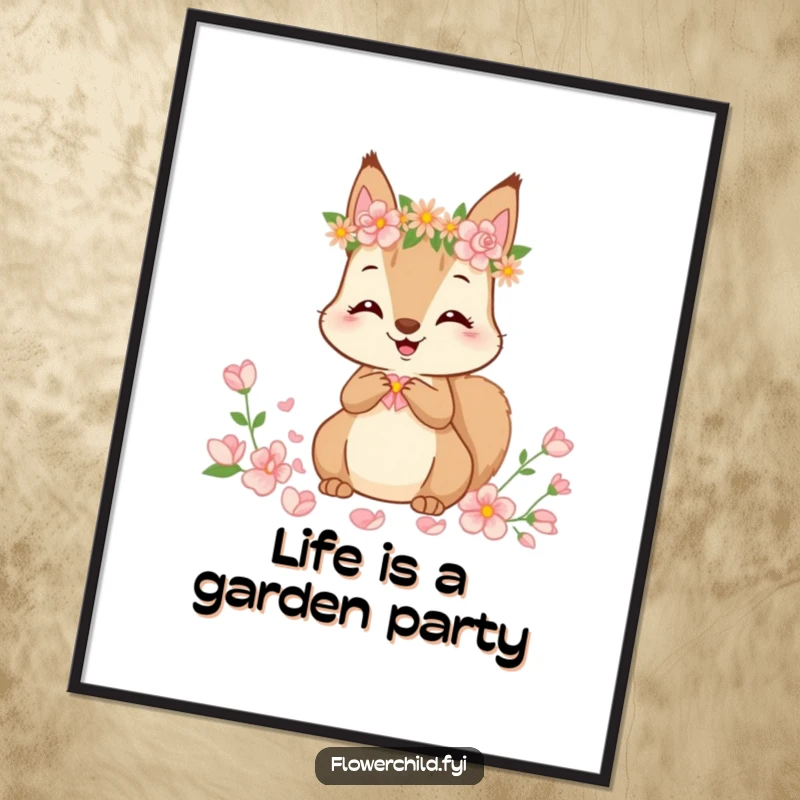 Funny Free Printable Wall Art showing a cute squirrel wearing a vibrant flower crown, happily gathering petals in a whimsical garden scene.