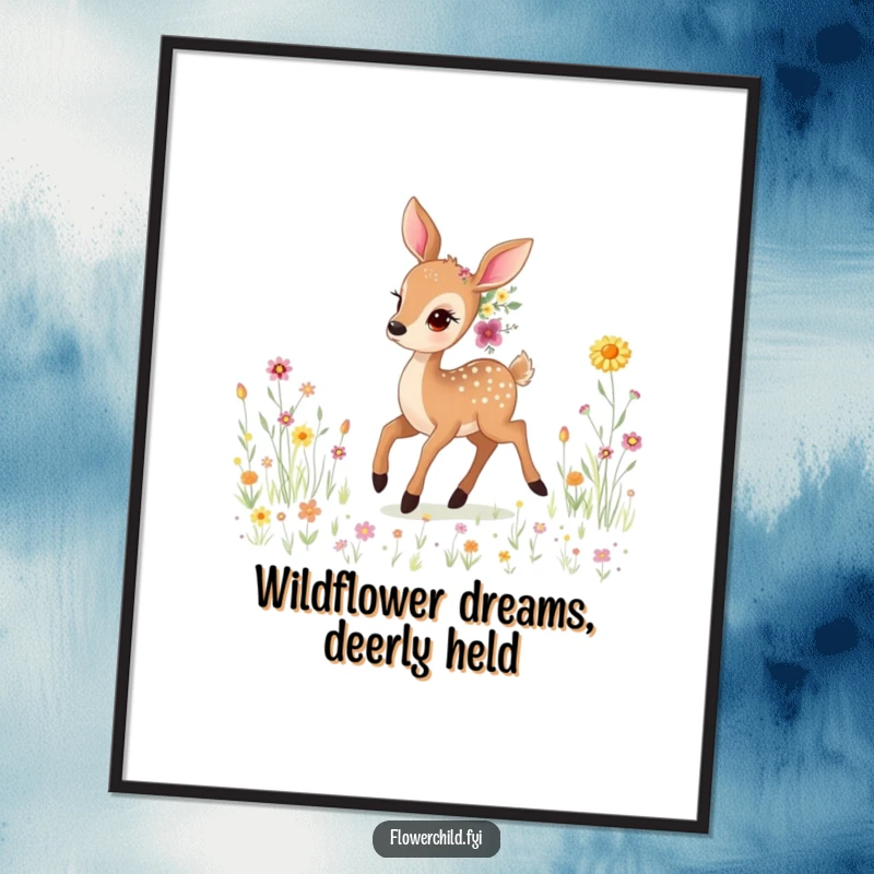 Funny Free Printable Wall Art: A peaceful deer adorned with delicate wildflowers, prancing through a sun-dappled meadow.