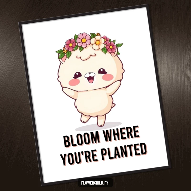Funny Free Printable Wall Art of a fluffy animal with a flower crown dancing ecstatically, exuding pure joy and style.
