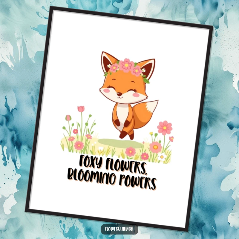 Funny free printable wall art: A cheerful fox wearing a flower crown skipping through a vibrant meadow, bringing whimsical charm.
