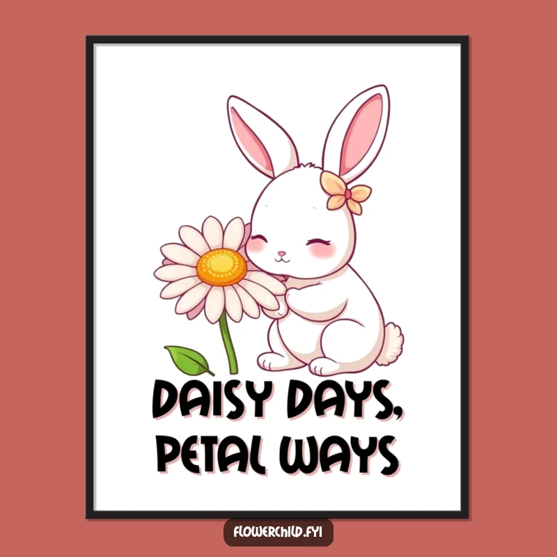 Free Printable Wall Art: Funny Rabbit Daisy Nibble Scene, Garden Charm Downloadable Decor Gift